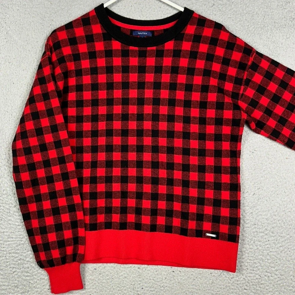 Nautica Sweater Womens Small Red Black Buffalo Check Crewneck Pullover Casual